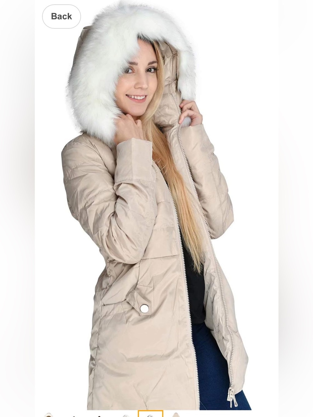Valuker Womens Cream Hooded Puffer Coat with Faux Fur Removable Trimmed Hood